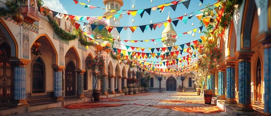 Obraz premium Eid al-Adha 3D card, mosque with celebratory flags