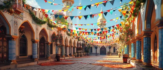 Papier Peint photo Vieil immeuble Eid al-Adha 3D card, mosque with celebratory flags
