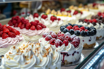 A display of cakes with strawberries and raspberries on top
