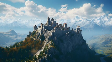 A sprawling fortress nestled amidst the breathtaking Alps, its ancient towers rising proudly against the azure sky, a testament to centuries of history and resilience. - obrazy, fototapety, plakaty