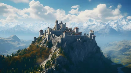 Zelfklevend Fotobehang A sprawling fortress nestled amidst the breathtaking Alps, its ancient towers rising proudly against the azure sky, a testament to centuries of history and resilience. © Graphica Galore