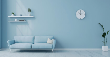 Minimalist blue living room with sofa, shelf and wall clock