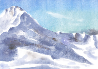 watercolor drawing winter landscape with mountains, snow covered peak, hand drawn illustration
