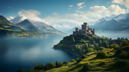 A stunning panorama of a medieval fortress perched high above the verdant valleys and glistening lakes of the Swiss Alps, its formidable silhouette etched against the canvas of a clear blue sky.