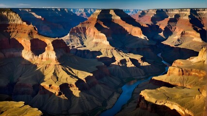 The majestic Grand Canyon stretching out before the viewer, with its towering cliffs and deep ravines carved by the Colorado River over millions of years, bathed in warm sunlight that casts dramatic - Powered by Adobe