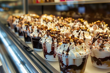 Naklejka premium A row of ice cream cups with different toppings, including chocolate and nuts