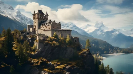 Zelfklevend Fotobehang A timeless castle nestled amidst the rugged beauty of the Alps, its weathered stone walls bearing witness to centuries of tumultuous history, yet still standing strong against the test of time. © Graphica Galore