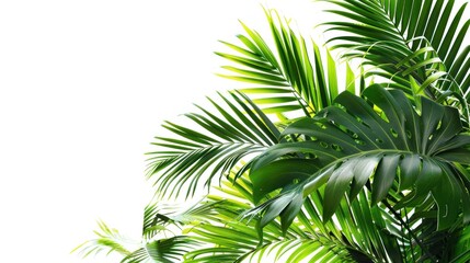 Tropical paradise showcased through detailed palm tree leaves. Lush greenery and intricate textures on white background.
