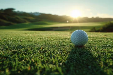 Poster Golf ball on green grass on blurred sunset golf course landscape background. . Generation ai © Phichitpon