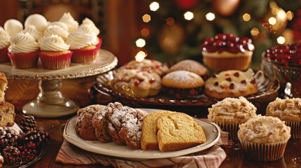 A table covered in an abundance of various desserts and muffins, creating a tempting display for indulgence.