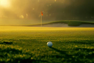Photo sur Plexiglas Melon Golf ball on green grass on blurred sunset golf course landscape background. . Generation ai