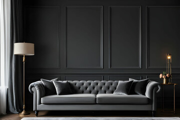 Real photo of grey sofa with pillows standing in dark living room interior with molding on wall, metal lamp, vintage cupboards and window with drapes