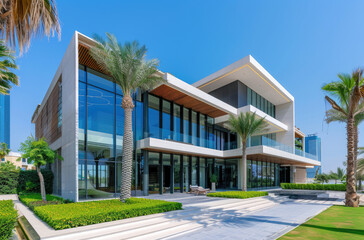 Fototapeta na wymiar odern contemporary villa in Dubai, glass and concrete architecture with lush greenery, front view