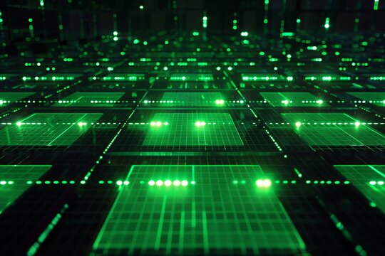 A 3D render matrix way, surreal world with green lights and tiles, backdrop and background in the style of hackers and coding, AI genrated.