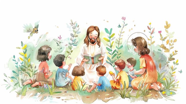 A cute watercolor representation of Jesus teaching children surrounded by nature