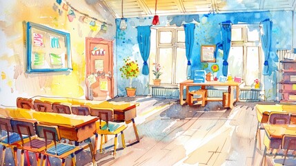 Watercolor art of a cheerful Christian Sunday school classroom filled with joy and learning
