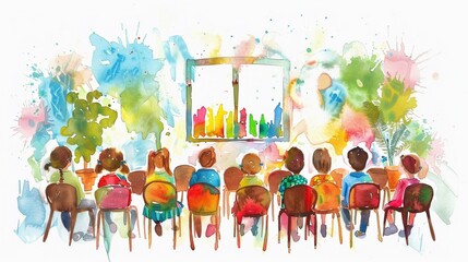 Watercolor art of a cheerful Christian Sunday school classroom filled with joy and learning - obrazy, fototapety, plakaty