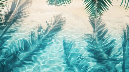 Tranquil Escape. A serene aerial view of a tropical palm tree shadow on a pristine beach. - obrazy, fototapety, plakaty