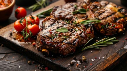 Juicy Steaks With Herbs and Tomatoes on Cutting Board - obrazy, fototapety, plakaty