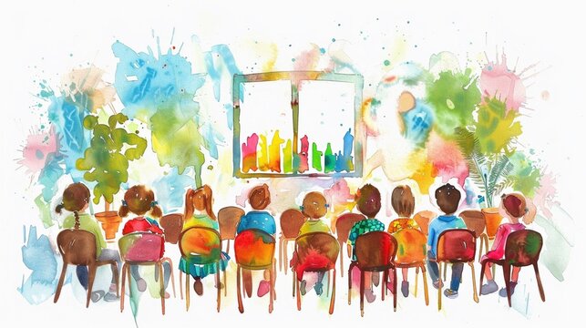 Watercolor art of a cheerful Christian Sunday school classroom filled with joy and learning