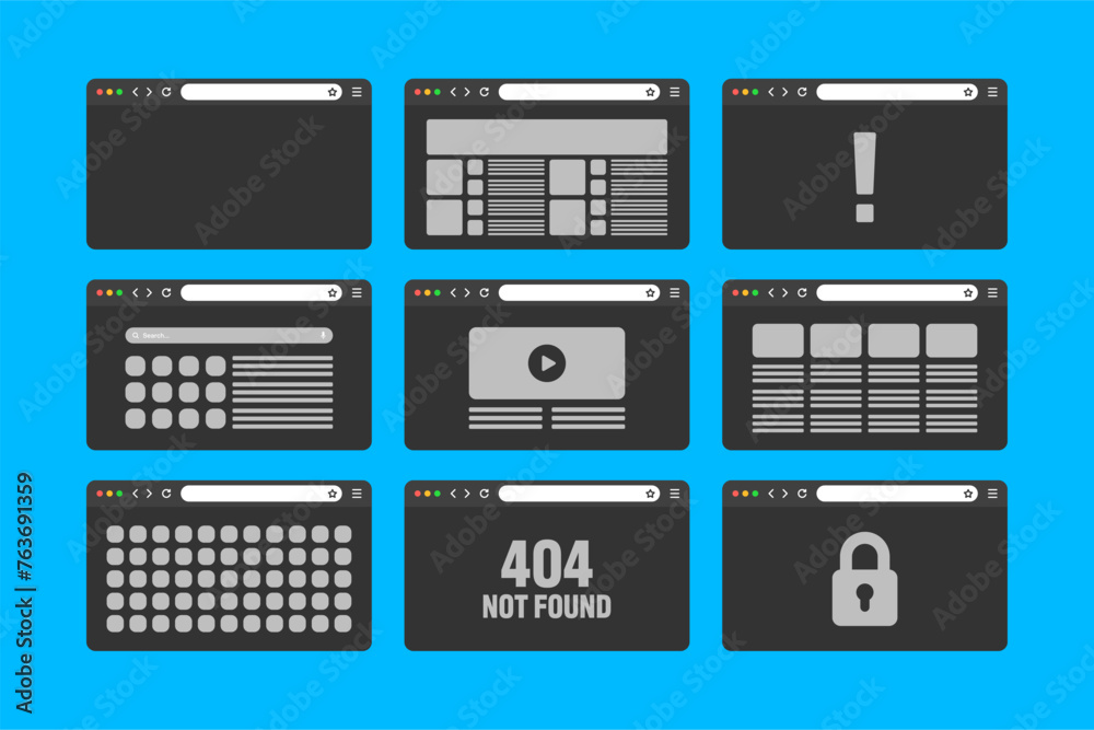 Poster Web browser window, pages layout with toolbar and search field. Modern website, internet page in flat style. Browser mockup for computer, tablet and smartphone. Adaptive UI. Vector illustration
