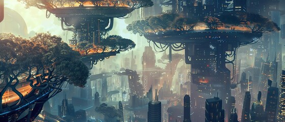 A conceptual image of a futuristic cityscape, where traditional buildings intertwine with organic, tree-like structures,