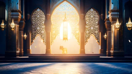 Fototapeten Ramadhan eid mubarak bakcground mosque praying hall with spiral pillars of stones and roof tiling illuminated with sunlight.  © Iwankrwn