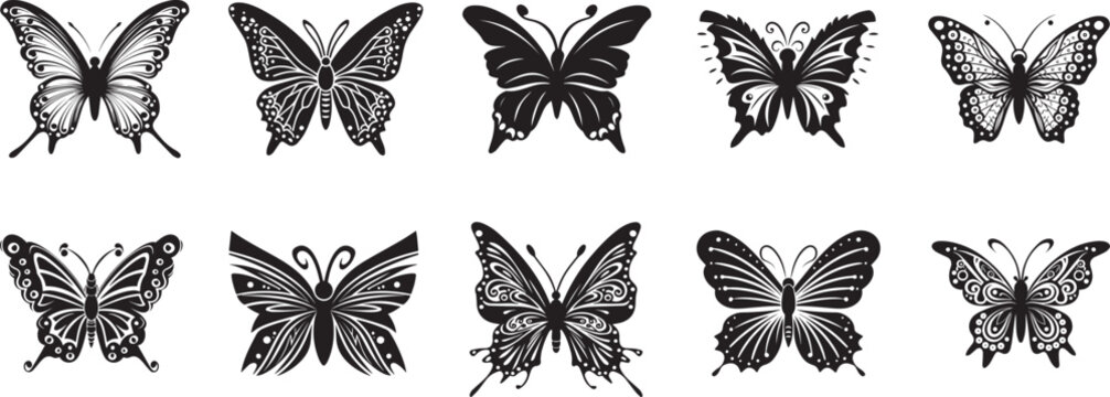 set of silhouettes of butterfly