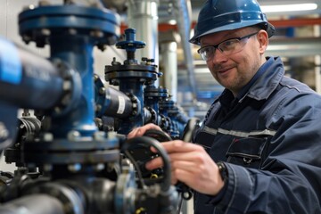 Fototapeta na wymiar Skilled technician inspecting water pump valves in large industrial complex, ensuring efficient supply.