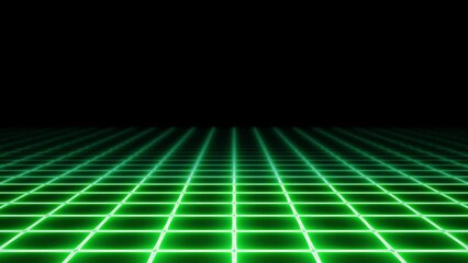 Retro-futuristic animation: a neon grid, evoking 1980s vaporwave aesthetics, glows green and moves towards the viewer. Strong energetic element, seamless loop.