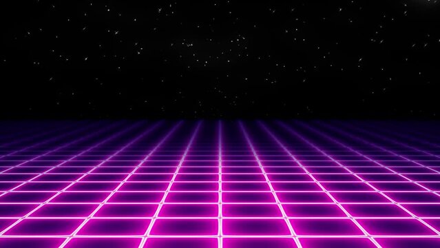 Retro-futuristic animation: a neon grid, evoking 1980s vaporwave aesthetics, glows pink while moving towards the viewer, with stars coming and vanishing . Strong energetic element, seamless loop.
