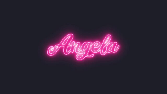A neon sign, flickering in shades of pink, displays the common female name Angela. 1980s aesthetic, retro vaporwave vibes.