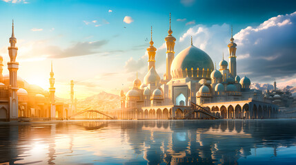 Mosque background for Ramadan and Eid Mubarak greetings. Beautiful sunrise Mosque with colorful clouds	
