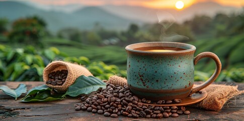 Rustic Ceramic Coffee Cup in Sunrise Plantation. Handcrafted ceramic coffee cup filled with coffee,...