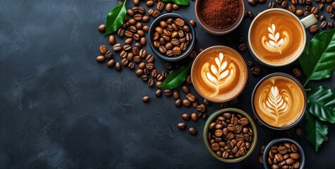 Latte Art and Coffee Beans on Dark Background. Variety of freshly brewed coffees with artistic...