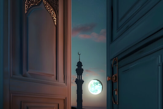 doors opening to a mosque tower with shining ramadhan moon , ramadan