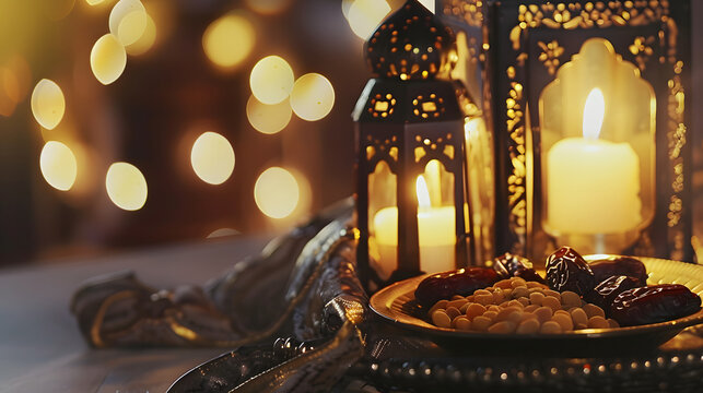 Decorative Arabic lanterns with burning candles. Shiny golden bokeh lights