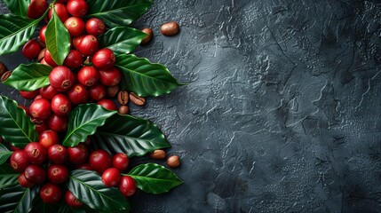 Coffee Cherries and Beans on Dark Background. Fresh red coffee cherries with green leaves and...