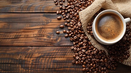 Espresso Cup and Coffee Beans on Wooden Background. Top view of a white espresso cup surrounded by roasted coffee beans on a burlap cloth, set against a rich wooden background. - obrazy, fototapety, plakaty