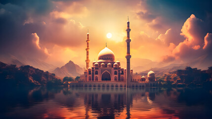 Fototapeta premium Mosque background for Ramadan and Eid Mubarak greetings. Beautiful sunrise Mosque with colorful clouds 
