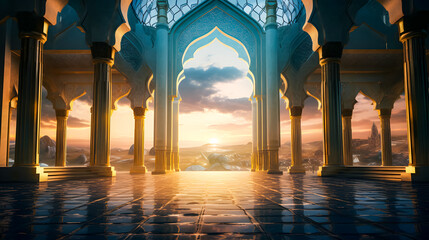Ramadhan eid mubarak bakcground mosque praying hall with spiral pillars of stones and roof tiling illuminated with sunlight.	 - obrazy, fototapety, plakaty