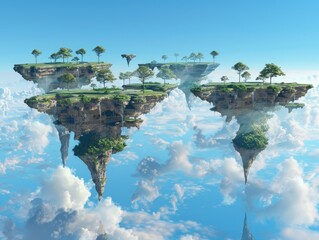 An otherworldly landscape of floating islands, each with its own unique ecosystem, suspended in a clear, blue sky,