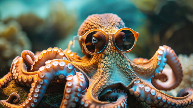 Funny octopus wearing sunglasses