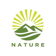 Beautiful sunrise illustration symbol logo mountains. Nature sunshine wave design vector. Sun light simple logotype for brand, emblem and badge. Abstract panorama silhouette horizon