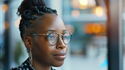 Black woman navigating digital data concepts in office dynamics.