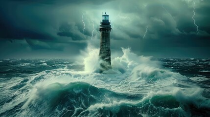 Majestic Lighthouse Standing Strong Amidst the Vast Ocean - obrazy, fototapety, plakaty