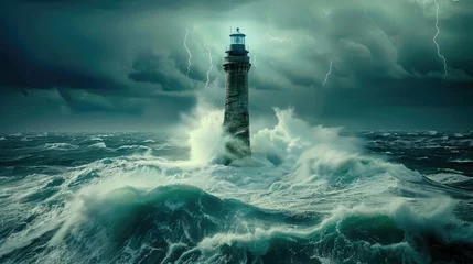 Fotobehang Majestic Lighthouse Standing Strong Amidst the Vast Ocean © ISK PRODUCTION