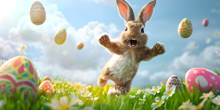  Happy Easter bunny jumping with joy with many Easter egg falling in green grass, Serene Easter Bunny Enjoying Vibrant Easter Eggs Amidst Tall Green Grass, Enhancing Scene on Sunny Spring Day