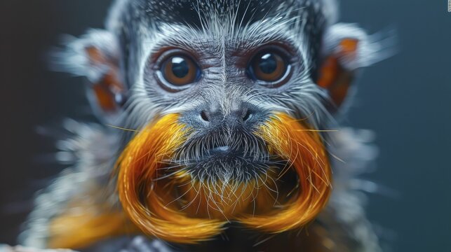The emperor tamarin's intense gaze highlights its whimsically colored mustache, embodying a playful spirit.