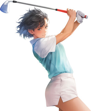 Anime female golfer swinging 